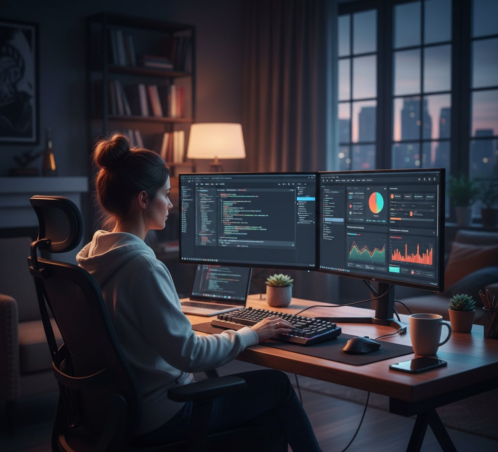 Freelance full stack developer working remotely on project portfolio