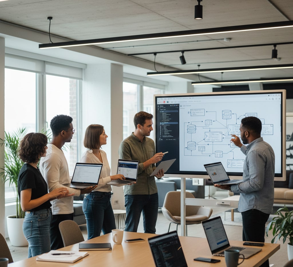 Different developer roles collaborating using modern tools and technologies