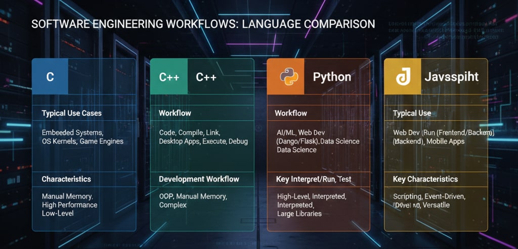 Comparison of programming language roles and development workflows