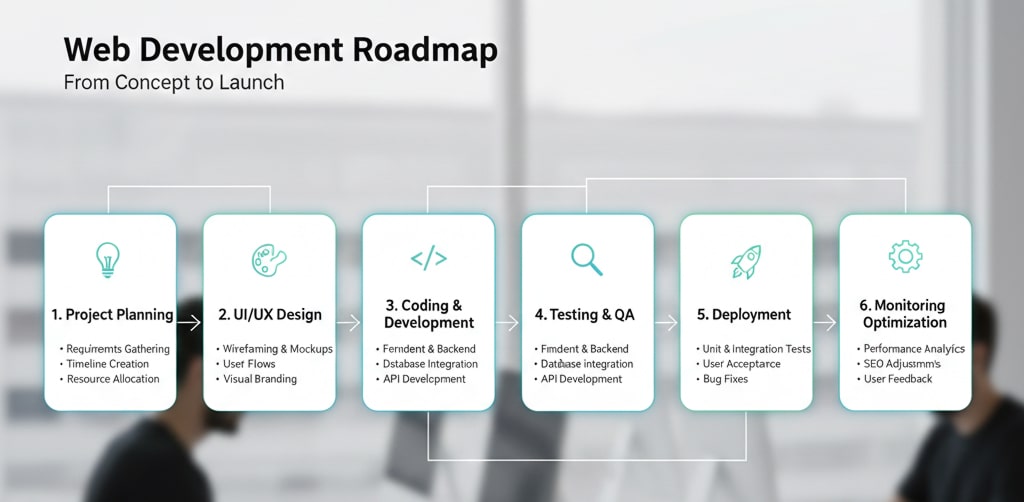 Frontend development roadmap with planning, design, coding, and optimization steps