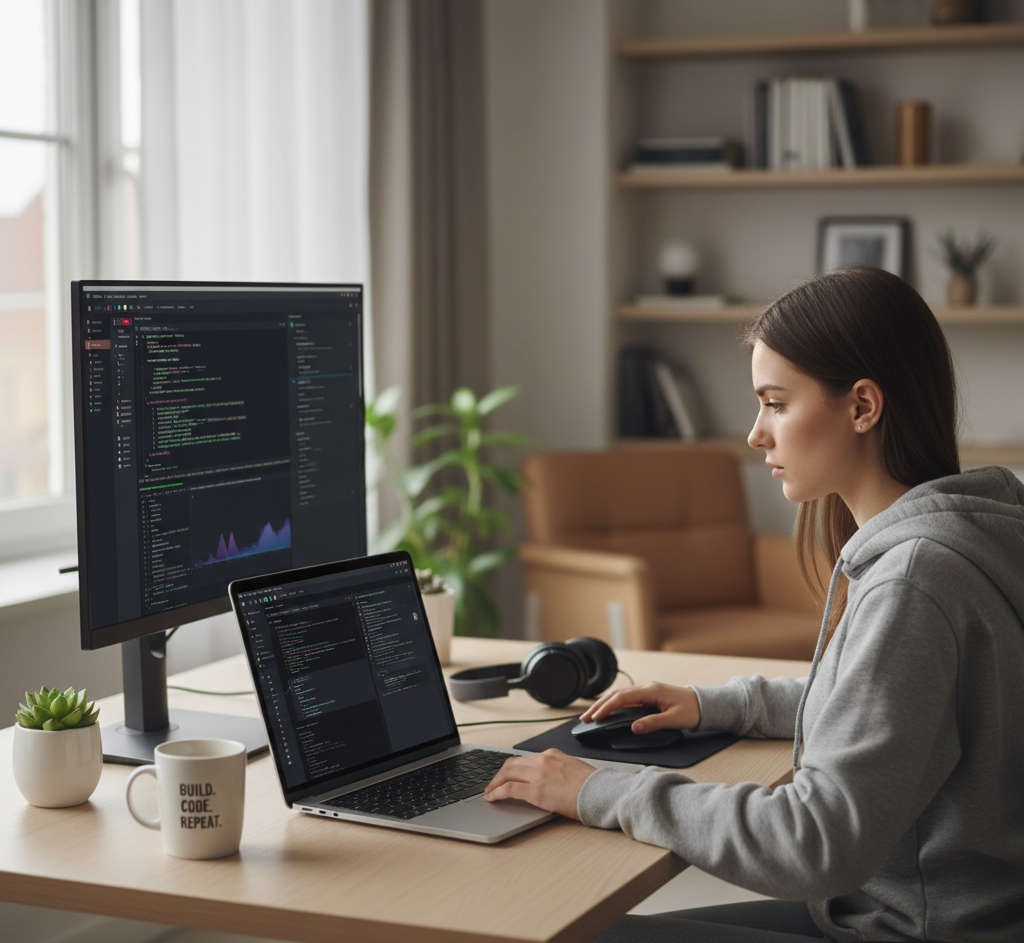 Aspiring developer learning dev skills in modern workspace