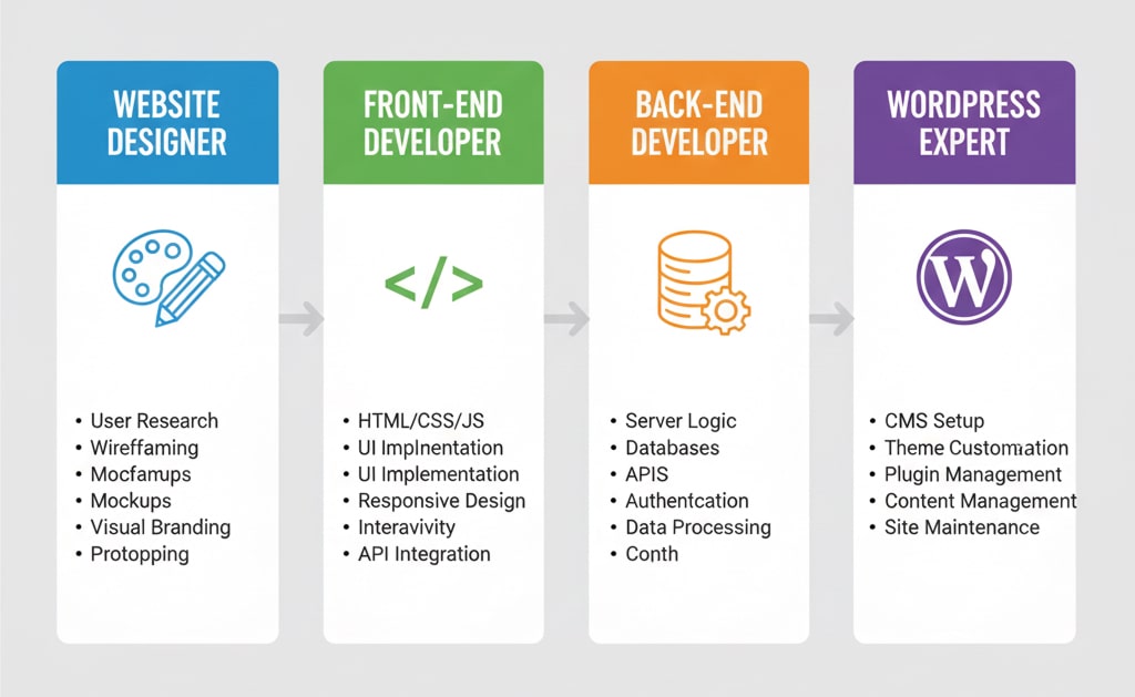 Website development team roles working together